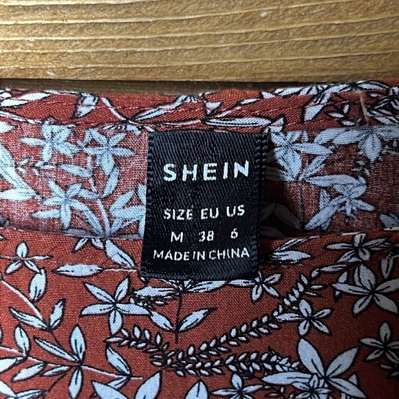 SHEIN Womens Over Floral Print Flounce Long Sleeve Bardot Dress M rust blue Mini - Picture 4 of 8